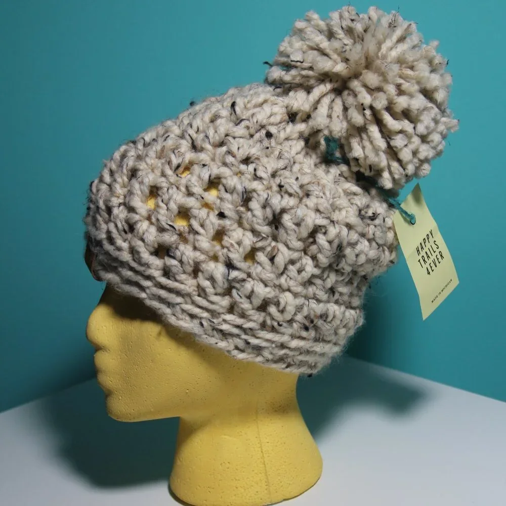 Crochet Slouchy Beanie Hand Crafted Oatmeal Cookies and Cream Huge Pom Pom - Picture 4 of 9
